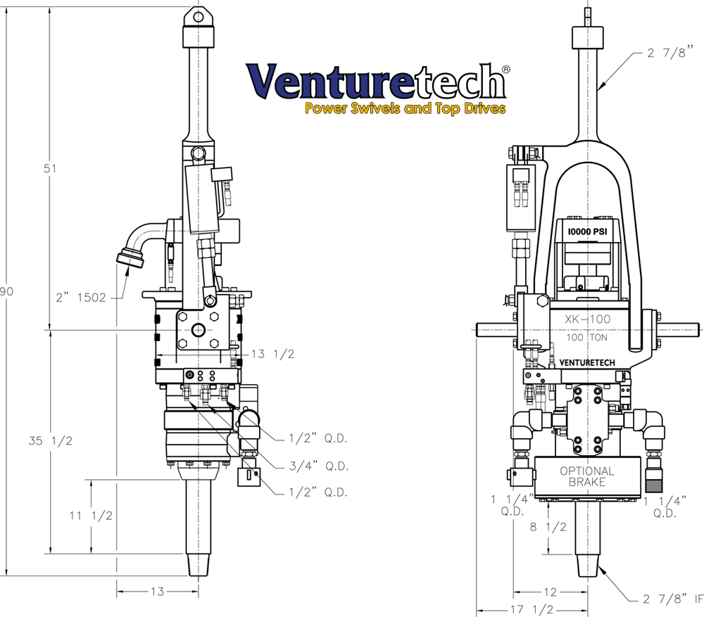 Engineer drawings of the XK-100 Power Swivel from Venturetech